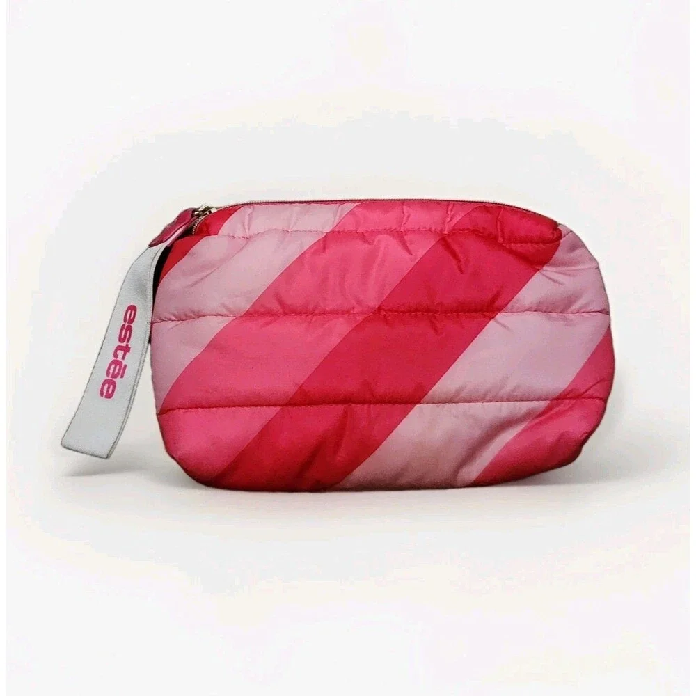 Estee Lauder Pink Cosmetic Makeup Puffer Bag Clutch Recycled Polyester Striped